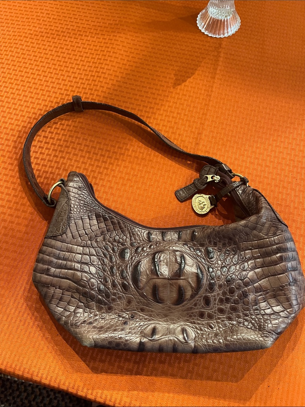 Brahmin Dark Brown Croc-Embossed Leather Shoulder Bag with Gold Charm
